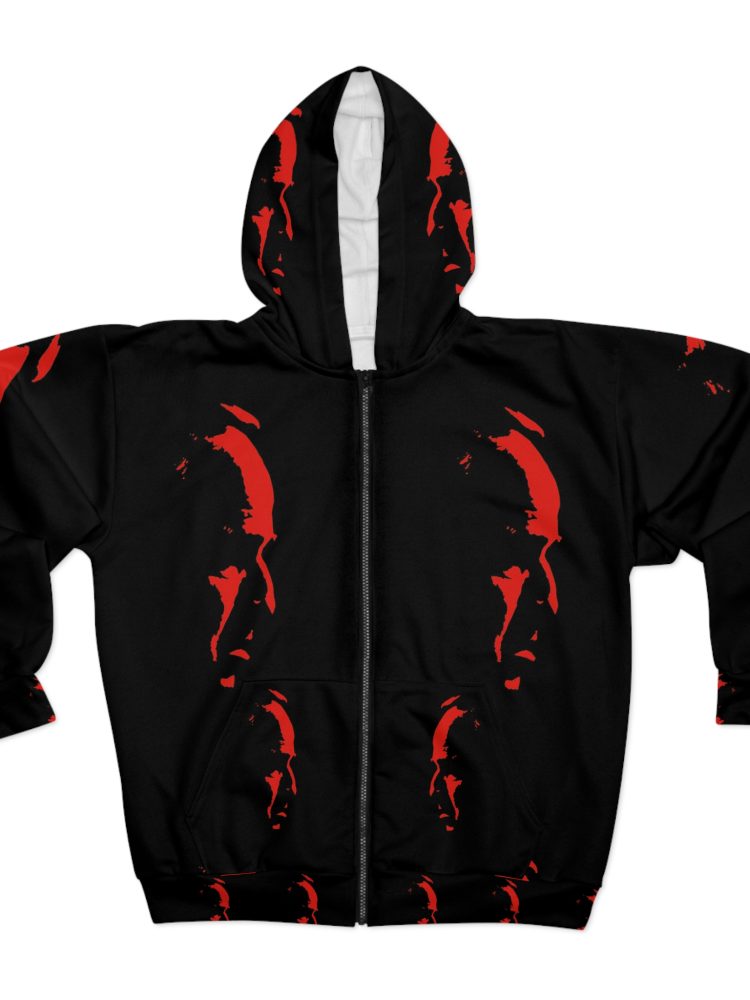 Edgy Graphic Unisex Zip Hoodie | Urban Streetwear, Layered Style, Perfect for Gifting, Fall Fashion, Unique Design
