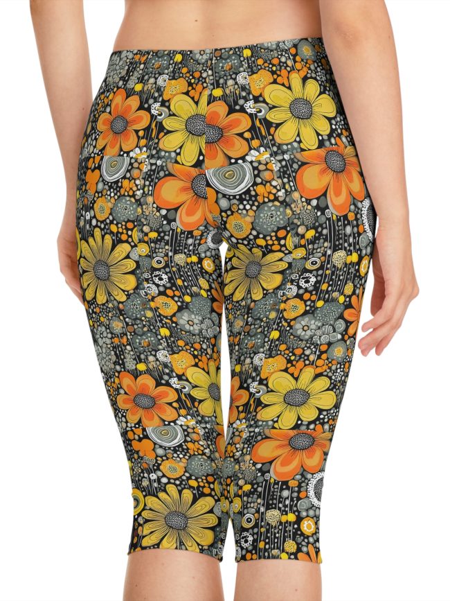 Floral Print Women's Capri Leggings, Vibrant Fitness Leggings, Boho Activewear, Summer Yoga Pants, Cute Loungewear for Her