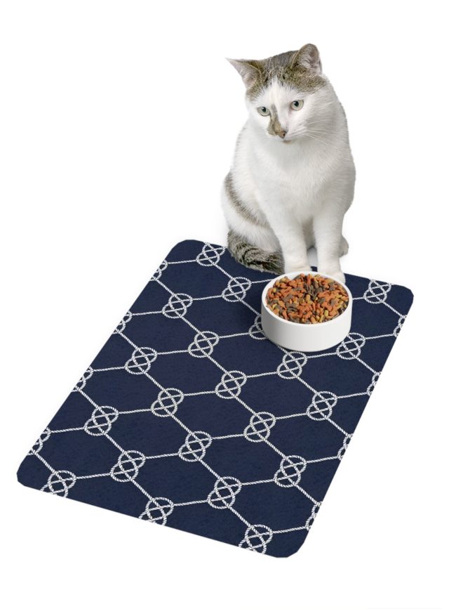Stylish Pet Food Mat - Elegant Navy Knot Design (12x18)