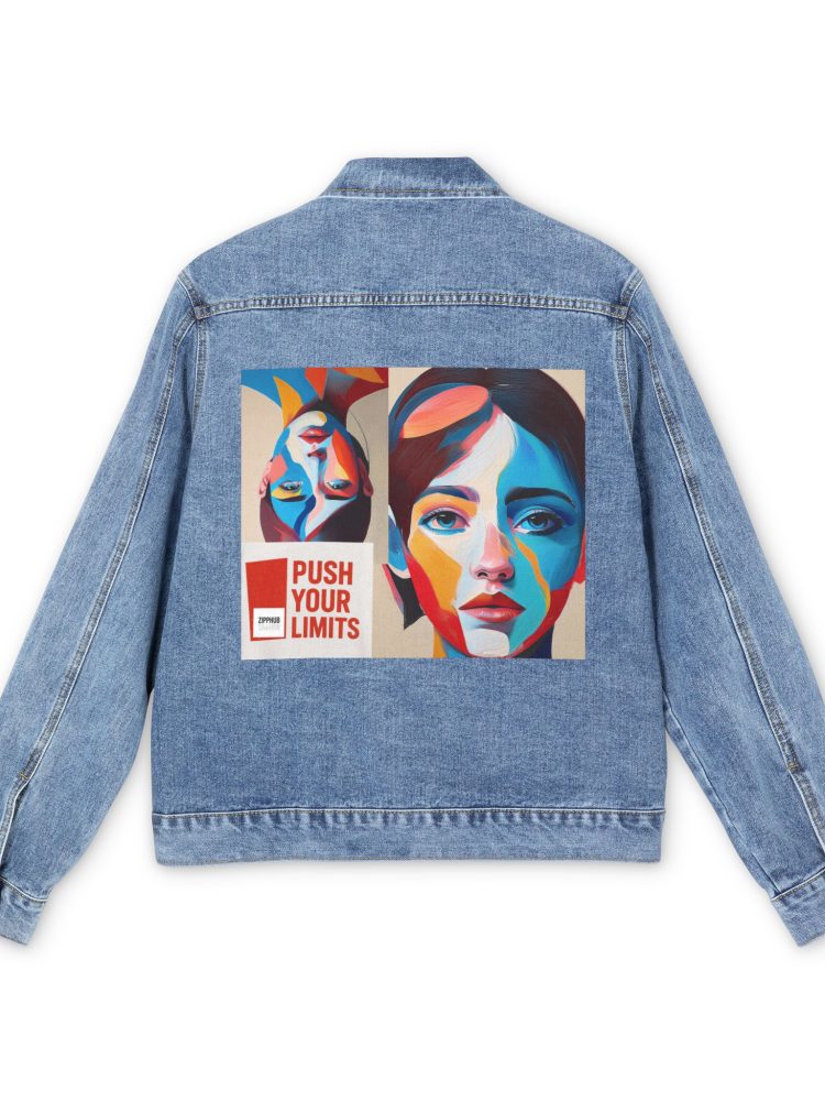 Colorful Unisex Denim Jacket with "Push Your Limits" Design, Casual Streetwear, Gift for Him and Her, Trendy Outerwear, Ideal for Events, [...]