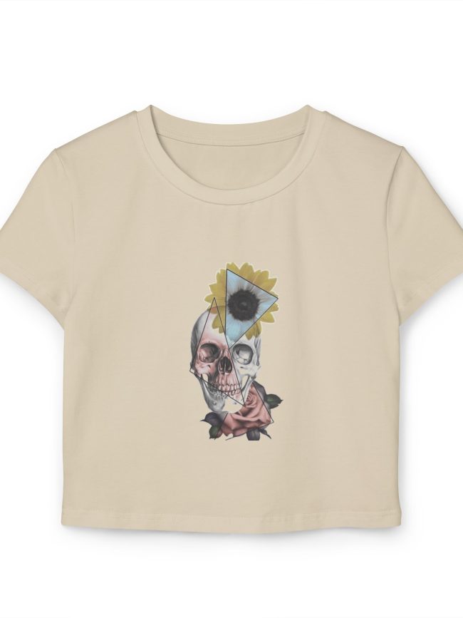 Women's Artistic Skull Baby Tee - Unique Graphic Top, Casual Outfit, Vintage Style, Gift for Her, Festival Wear