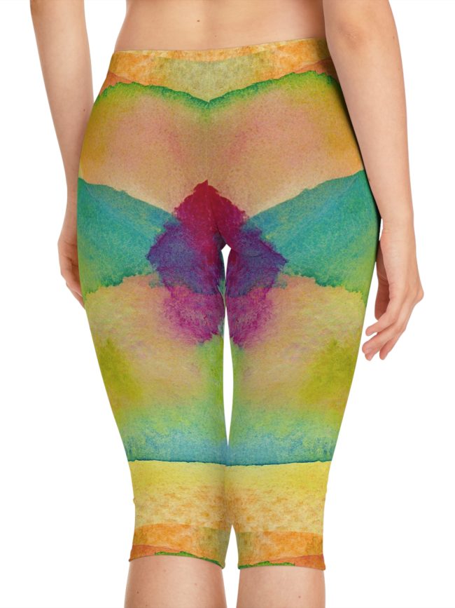 Vibrant Women's Capri Leggings - Colorful Watercolor Print, Yoga Pants, Workout Gear, Casual Style, Spring Fashion
