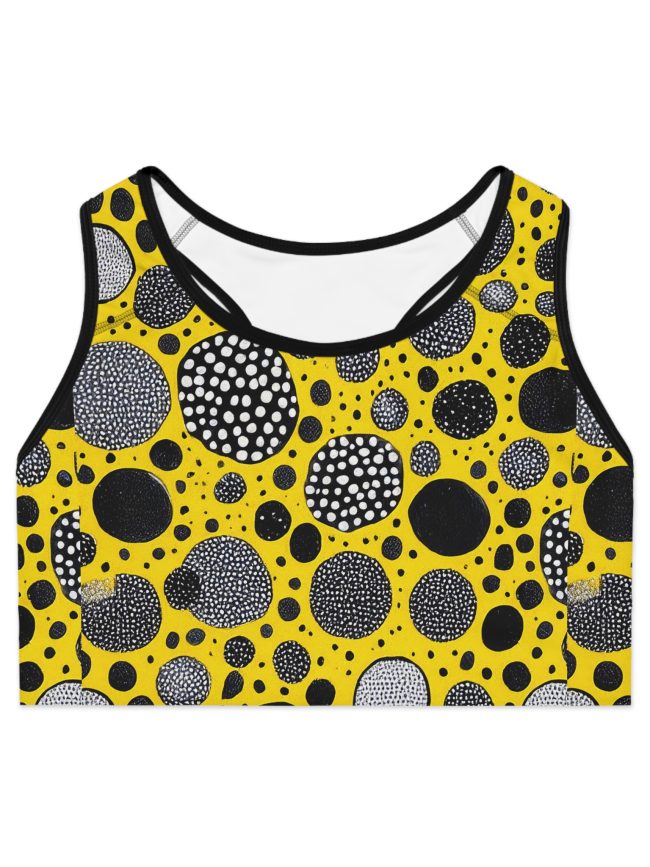 Vibrant Patterned Sports Bra, Athletic Wear for Women, Fitness Apparel, Yellow Polka Dot Design, Workout Gear