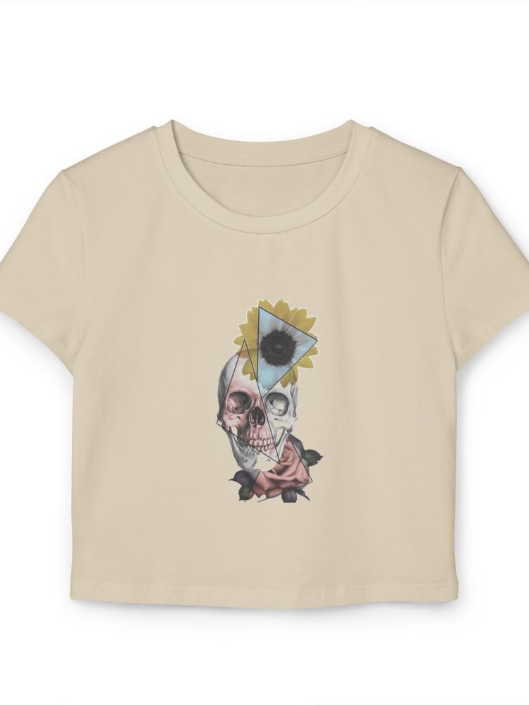 Women's Artistic Skull Baby Tee - Unique Graphic Top, Casual Outfit, Vintage Style, Gift for Her, Festival Wear