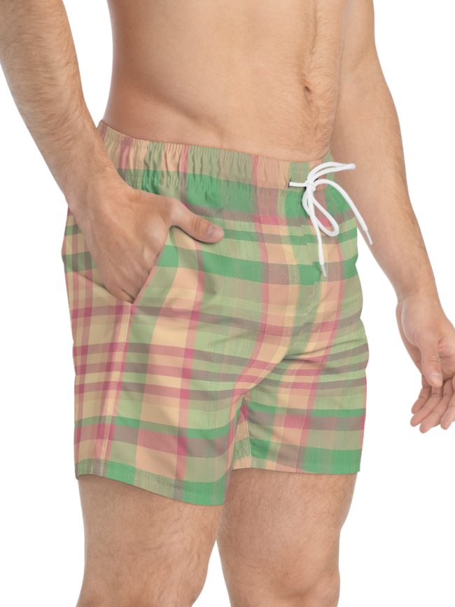 Tartan Style Mint Green Pattern Swim Trunks