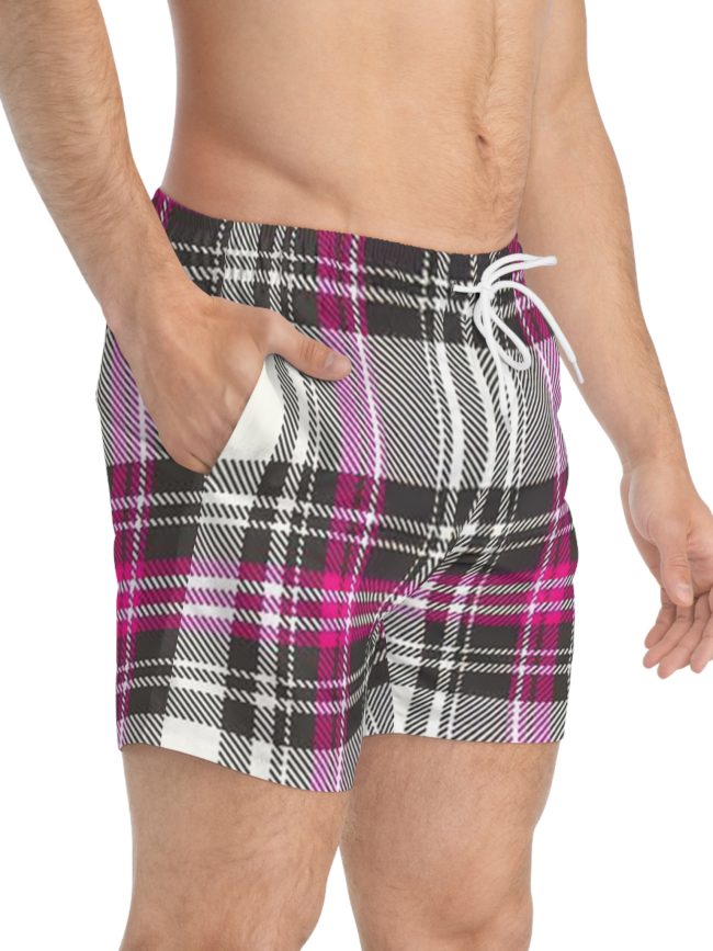 Pink Grey Tartan Design Swim Trunks